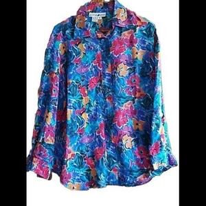 👠👚💙Jonathan Martin Button Down Long Sleeve 💯 Silk Blue Vibrant Blouse Sz S